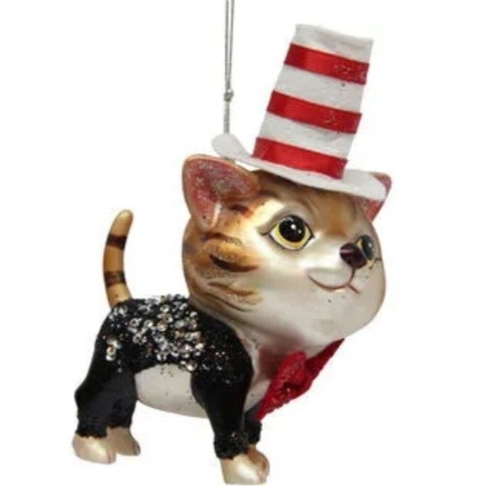 December Diamonds Cat w/ Suit Striped Hat 5.5" Glass Ornament Christmas 79-80527
